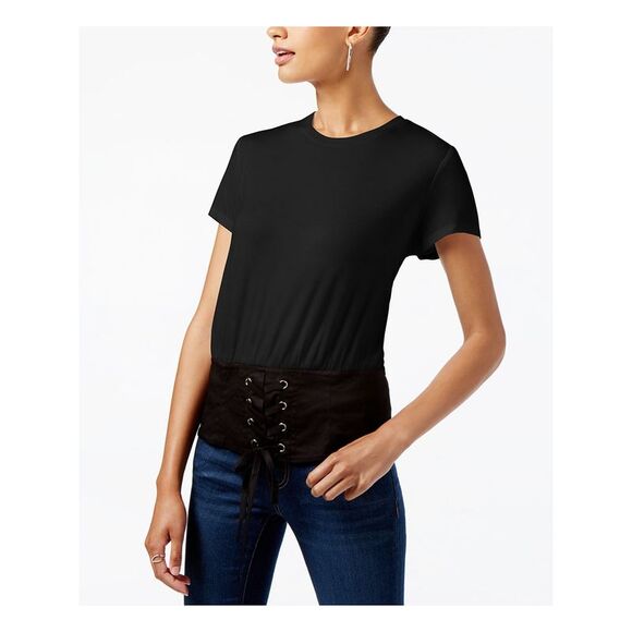 INC Tops - INC Womens Black Tie Color Block Short Sleeve Jewel Neck T-Shirt M